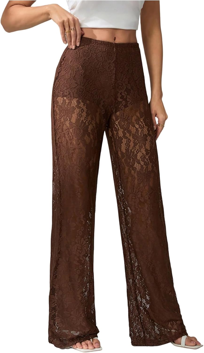 RoseSeek Women's Y2K Floral Lace See Through Pants Sheer Straight Leg Long Pants Club Wear