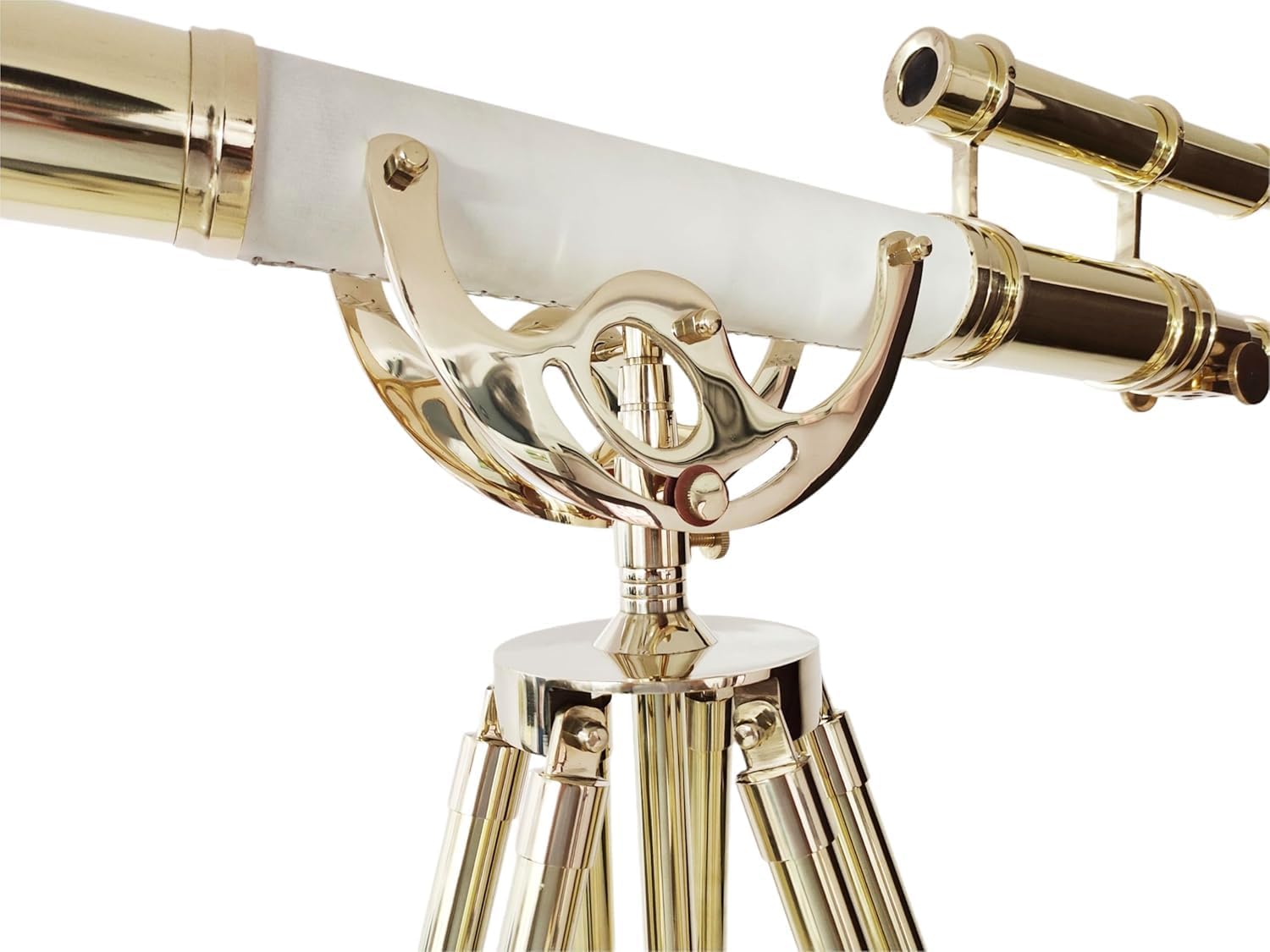 Decorative Antique Brass Telescope Floor Standing Wooden/Brass Tripod Double Barrel Shiny Finish White Leather Wrap Maritime for Home & Office Decor