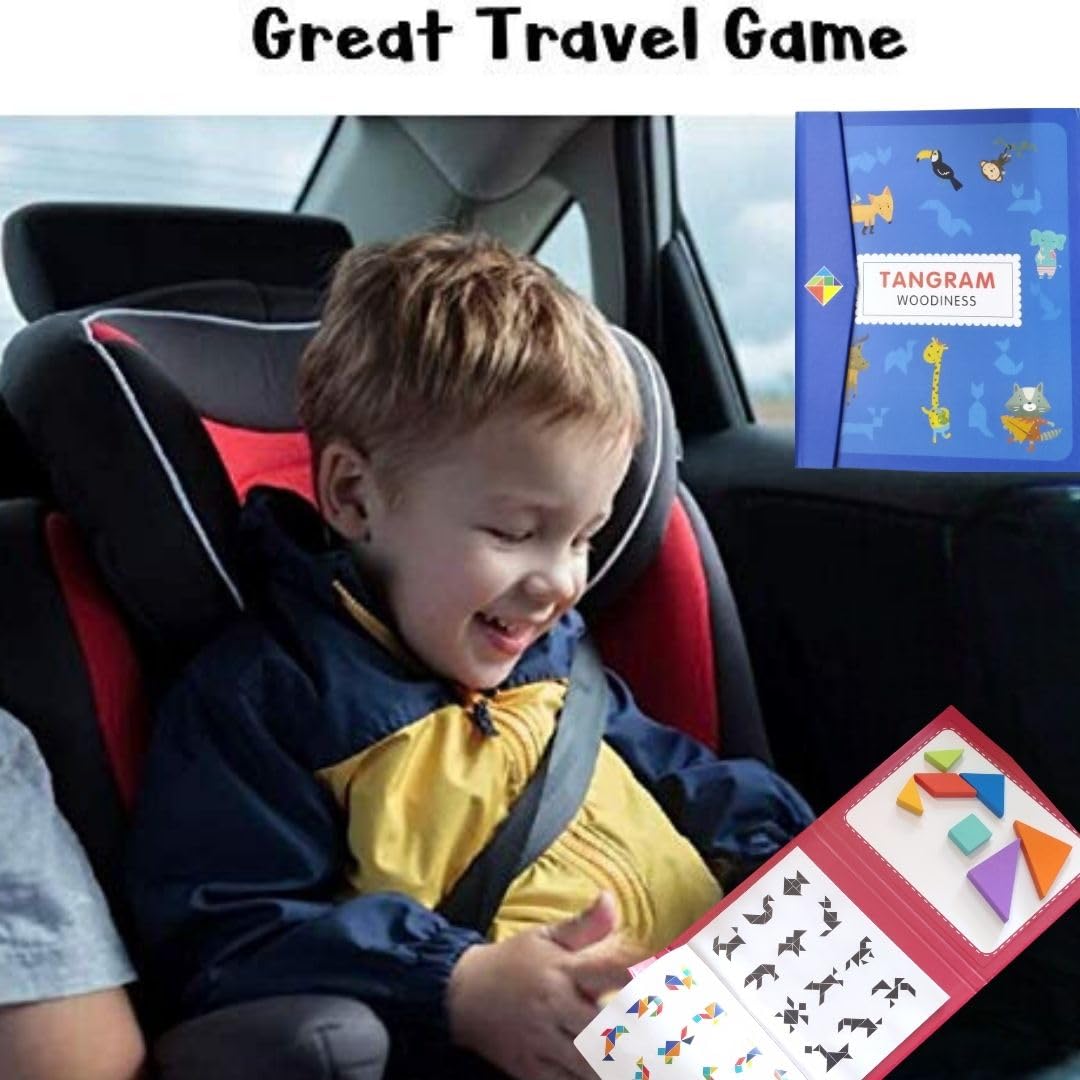 PLUSPOINT Wooden Tangram Travel Game Pack of 2 Magnetic Puzzle Book Game Tangrams Jigsaw Shapes with Solution Traveler Challenge IQ Educational Toy for 3-99 Years 4