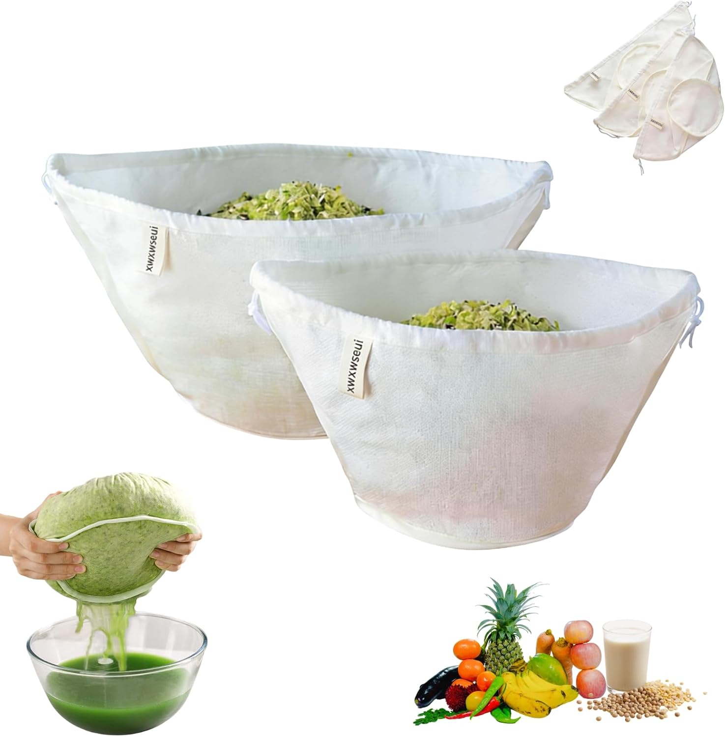 Organic Cotton Cheesecloth Bags, Reusable Nut Milk Bag, 100% Cotton Fine Mesh Strainer Bag for Cooking, Baking, Juicing, Cheese Making (Medium*1 & Large*1)