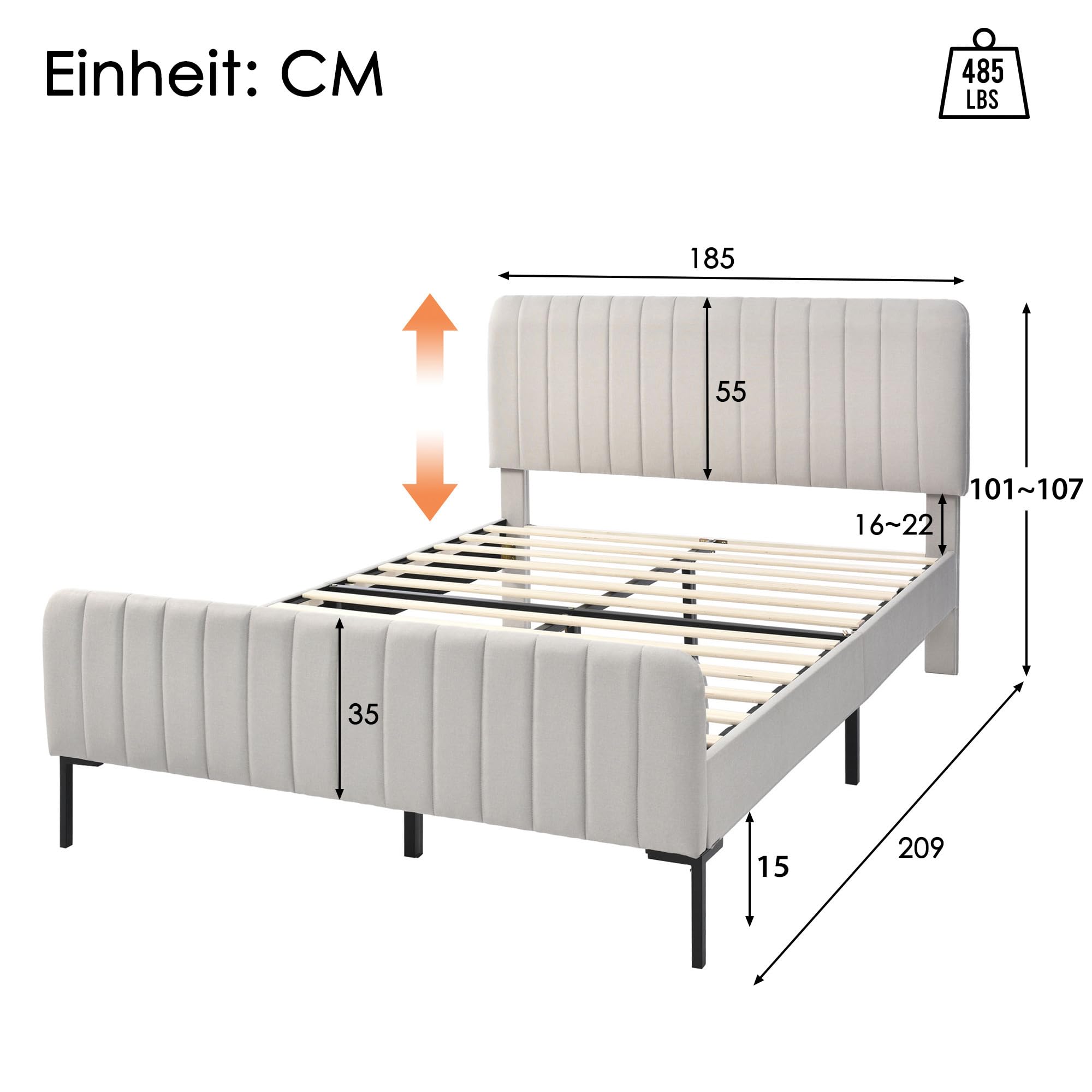 Kayan Polsterbett Doppelbett 180 x 200 cm, Bettgestell mit Lattenrost und Verstellbares Kopfteil, Lattenrost aus Holz, Leinen, Gepolstertes Bett in Beige&Grau (180 x 200 cm)
