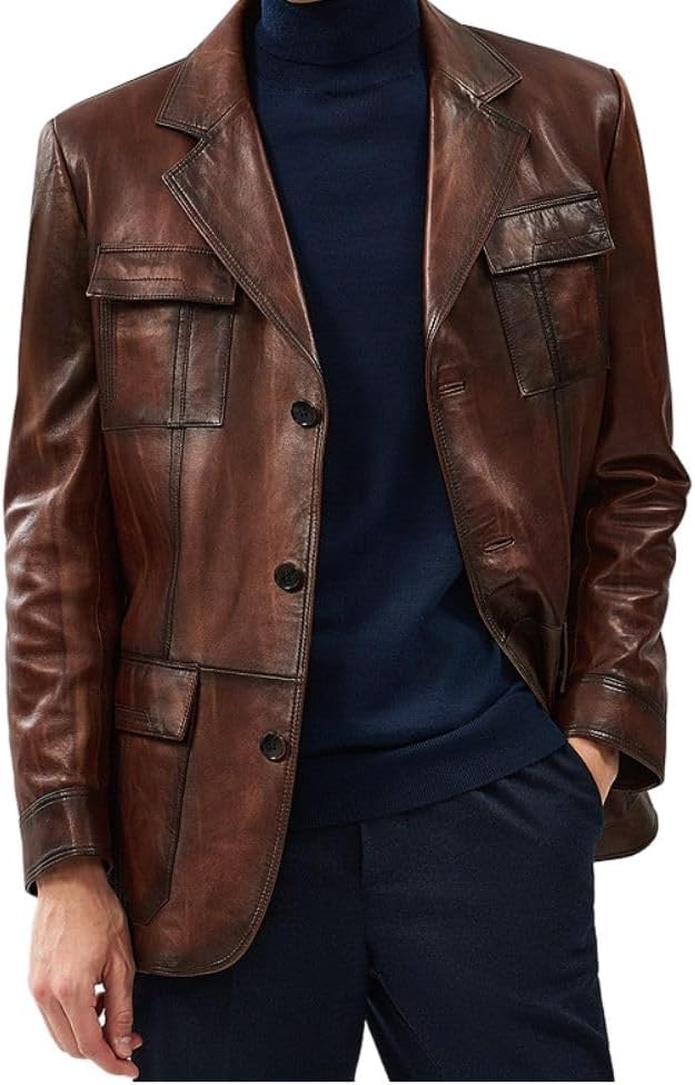 Yolo Jackets Men's Soft Italian Genuine Lambskin Vintage Brown Blazer - Cowboy Western Style Leather Blazer Sport Coat Men - Image 2