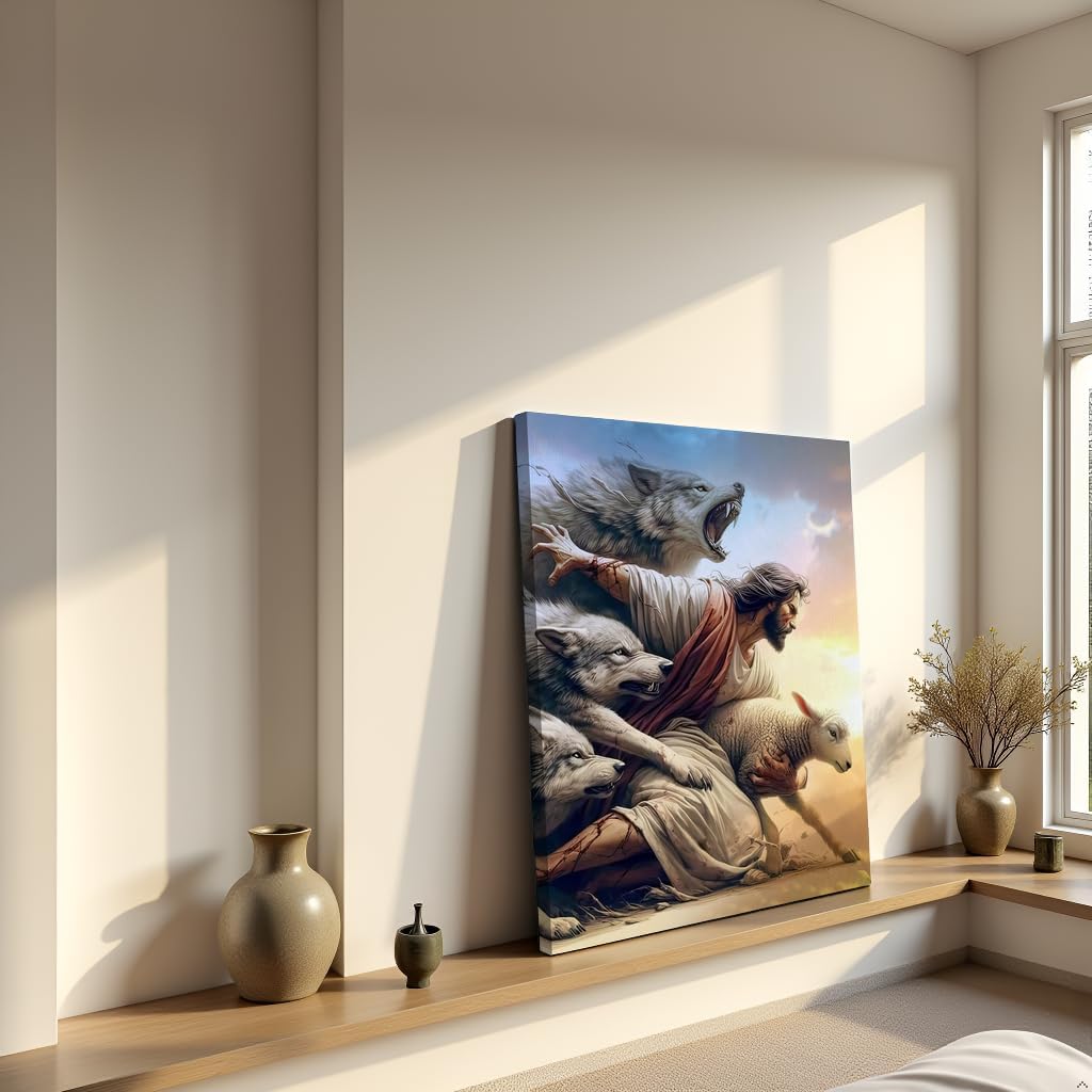 Jesus And Lamb Wall Art Jesus Saves The Lost Lamb Wolf Painting Picture Wall Decor The Shepherd'S Protection Poster Print Artwork t for Living Room Bedroom Church Home Decortion