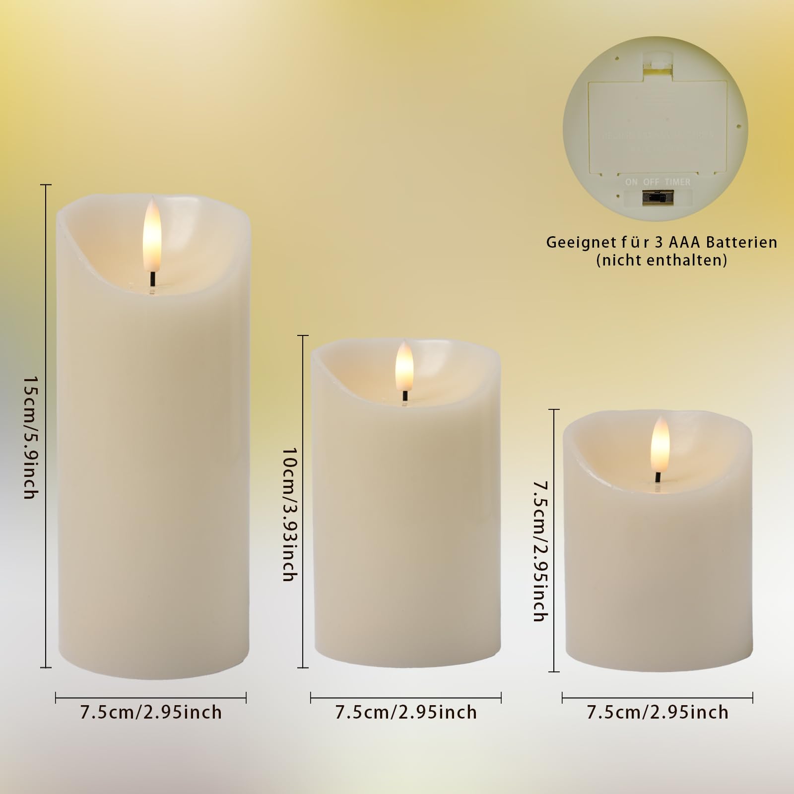 Marrakech zestaw 6 świec LED w kolorze kremowym białym Ø 7,5 cm w 3 rozmiarach | z prawdziwego wosku, migoczące świece LED, zasilane bateriami, z funkcją timera, do wieńca adwentowego (6)