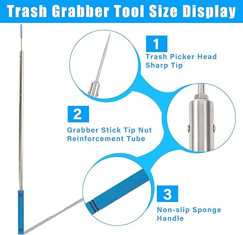 Miniatura 3 de Herramienta de recolección de basura, herramienta de recogida de basura de 62 pulgadas, tubo de acero inoxidable de alta resistencia, ligero y