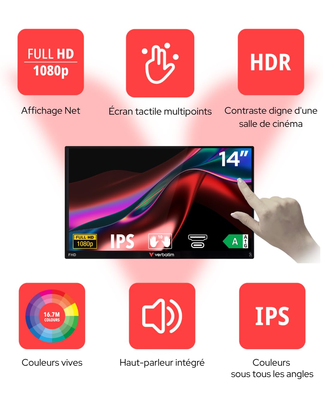 Verbatim écran Portable Tactile PMT-14, Moniteur Externe 14", écran Full HD pour Ordinateur Portable, Tablette, Smartphone, PS5 ou Nintendo Switch avec Ports USB-A, USB-C et HDMI, Noir