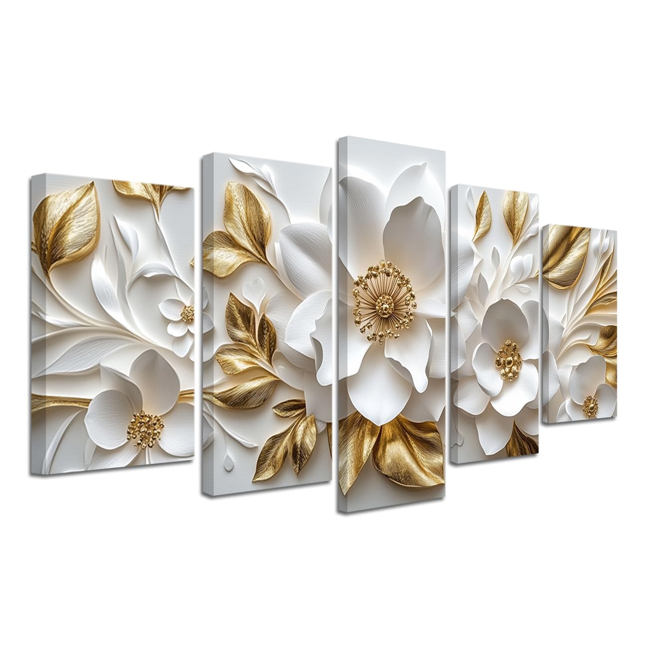 CXHOSTENT Flower Canvas Wall Art 5 Pieces White and Gold Floral Pictures Abstract Elegant Floral Painting Print Large Artwork for Bedroom Office Decor Framed (White, 8x14inx2 8x18inx2 8x22inx1)