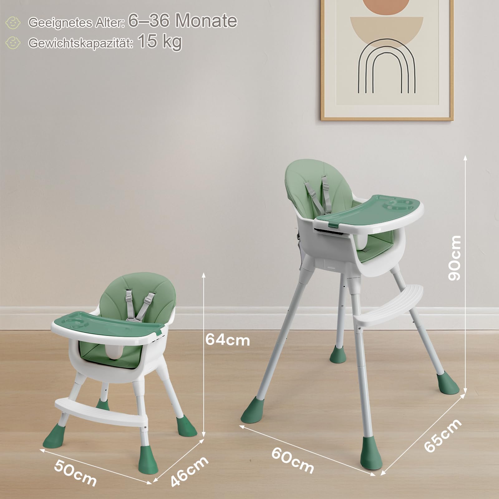 LEADZM Seggiolone 3 in 1, regolabile per sgabello basso, doppio vassoio rimovibile, con cintura di sicurezza a 5 punti, carico massimo 15 kg, adatto per bambini dai 6 ai 36 mesi (verde)