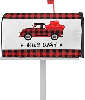 Mailbox Cover Magnetic Red Love Valentine's Day Buffalo Plaid Farm Truck Mailbox Covers Standard Size 21x18in,Mailbox Covers Wrap Post Letter Box Cover for Garden Yard Outdoor Black Check White Back