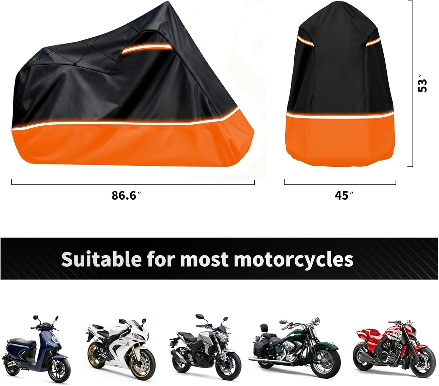 Full Enclosed Motorcycle Cover - Waterproof for Outdoor & Indoor Storage, Heavy 600D Duty with Reflective Strips, Fits Scooters & Touring Motorcycles up to Length86.6" x 45" x 53"Black&Orange