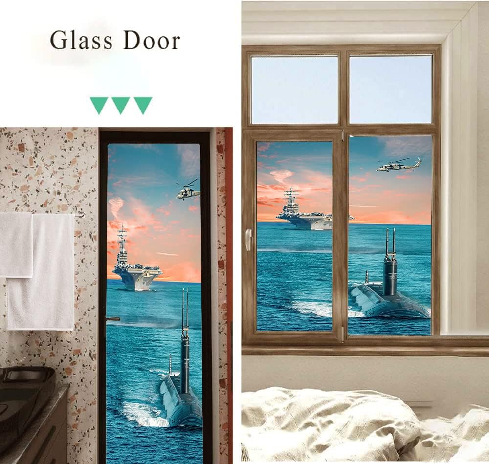 Us Navy Aircraft Carrier Stained Glass Film Cool Nautical Ocean Theme Submarine Helicopter Decorwindow Tinting Film for Home,Window Film Stained Glass 17.7Wx23.6L-Inch X2Pcs