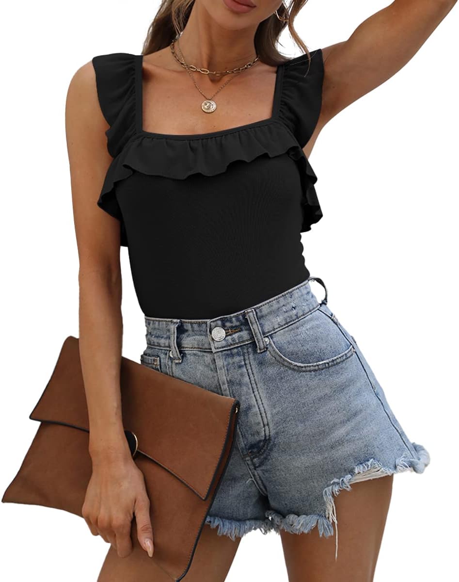 Womens Summer Sleeveless Tank Tops Ruffle Strap Square Neck Ribbed Shirts Camisole