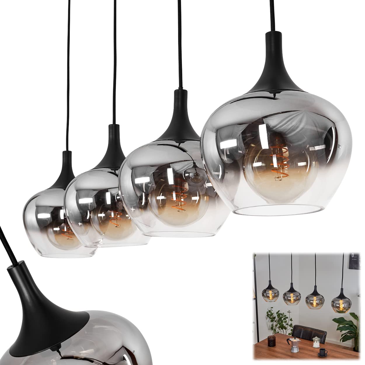 HOFSTEIN Hängeleuchte Azurara, 4-flammige Hängelampe aus Metall/Glas in Schwarz/Rauchfarben/Klar, Pendelleuchte im Vintage-Design, Ø Schirme 19,5 cm, max. 121 cm, E27, Esszimmer, Küche, Wohnzimmer