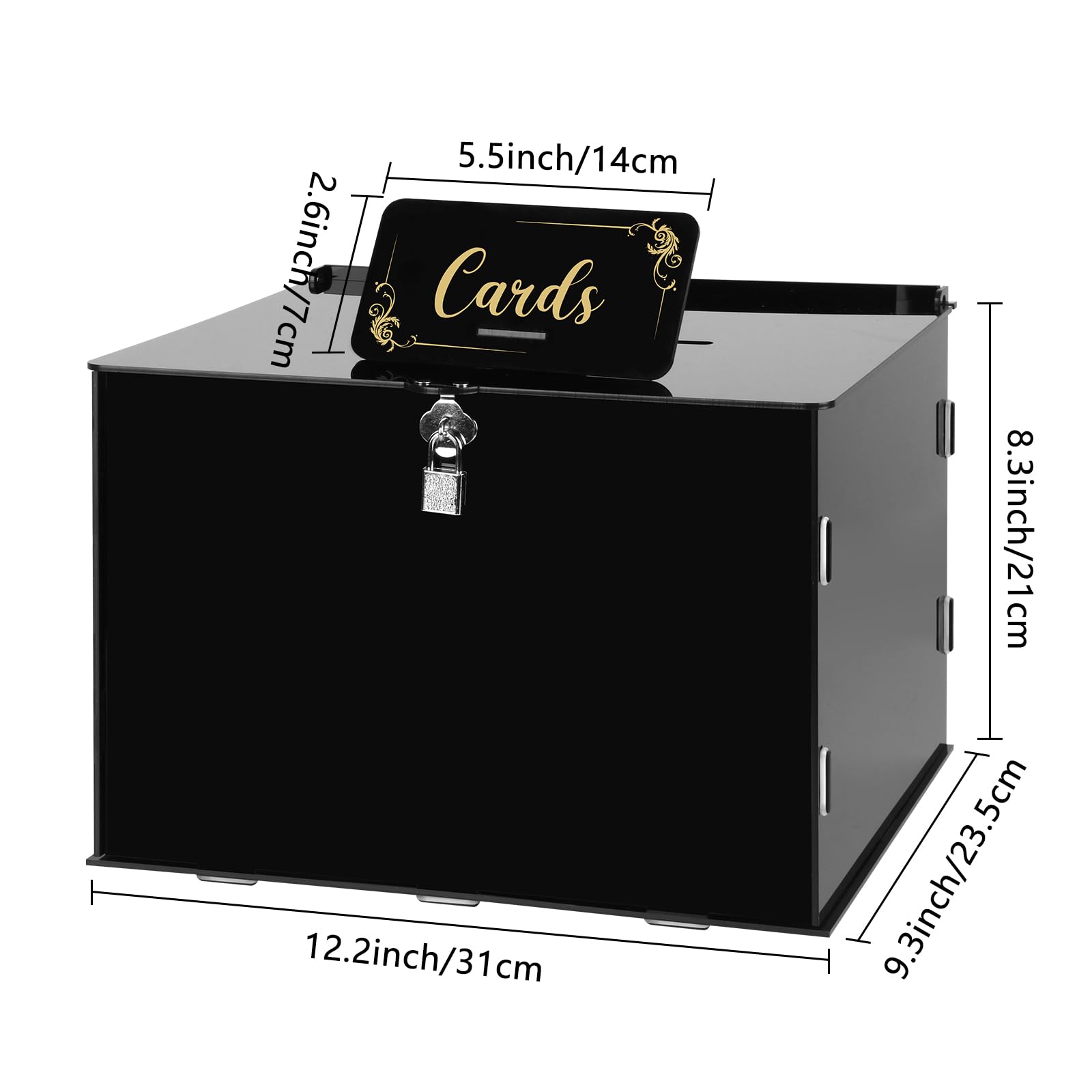 Fowecelt Caja de tarjetas de boda de acrílico negro con cerradura, caja de tarjetas rústica para recepción de boda, despedida de soltera, cumpleaños, baby shower graduación