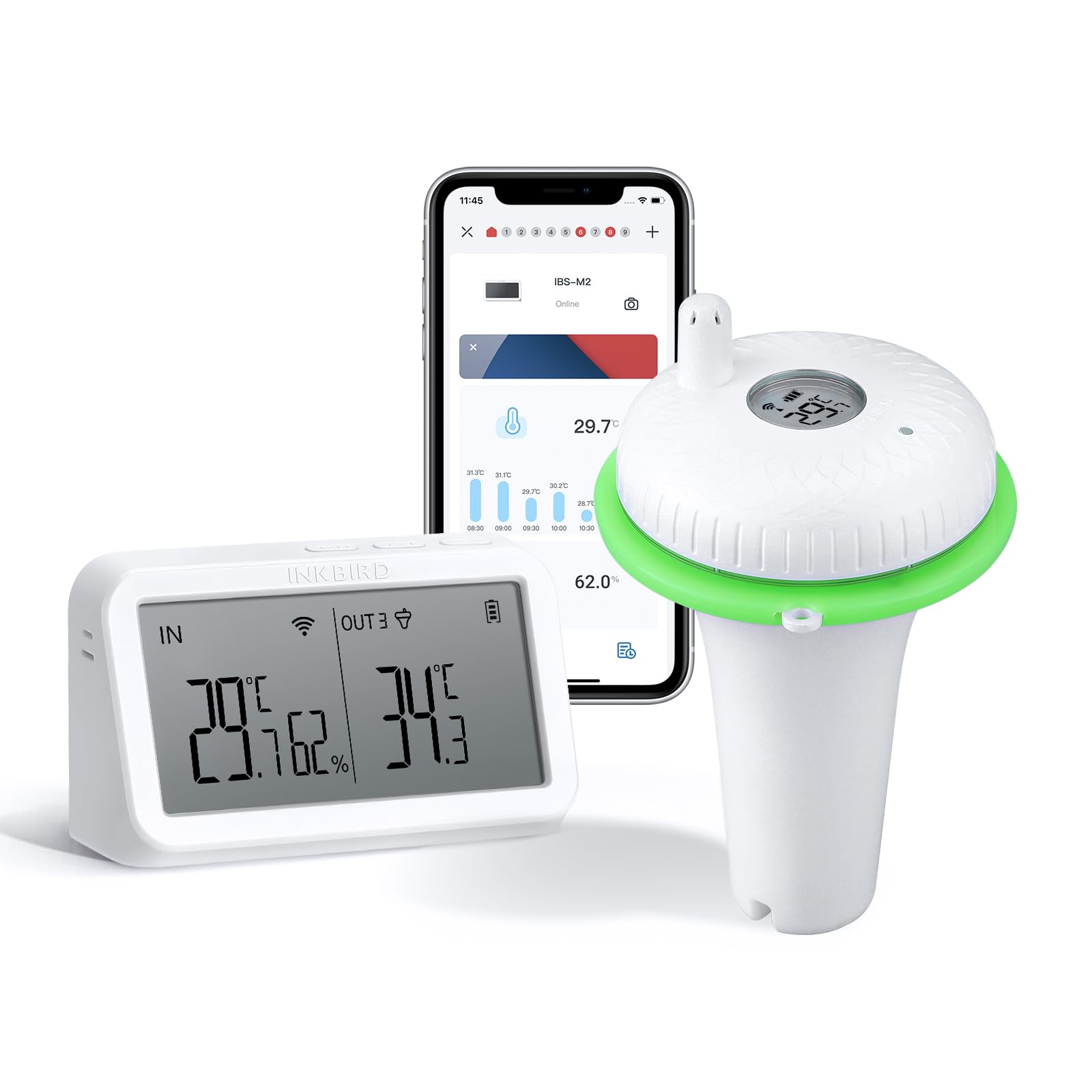 Inkbird IBS-P02R Wi-Fi termometr basenowy i wanny, pływający, sterowanie aplikacją, 9-kanałowy monitor, duży ekran