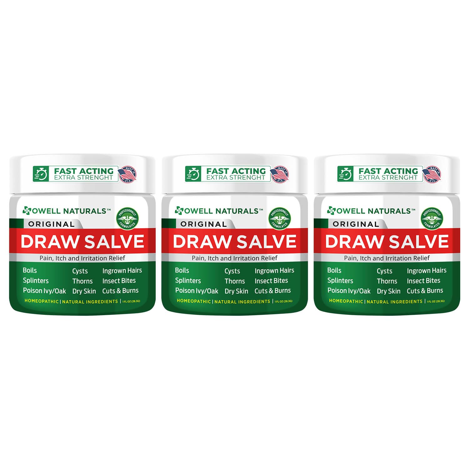 OWELL NATURALS Drawing Salve Ointment Fast Acting Formula for Skin, Splinters, Ingrown Hairs, Boils & Cyst, Bug Bites, bee Sting, Mosquito bite Itch, Poison Ivy (3 Pack)