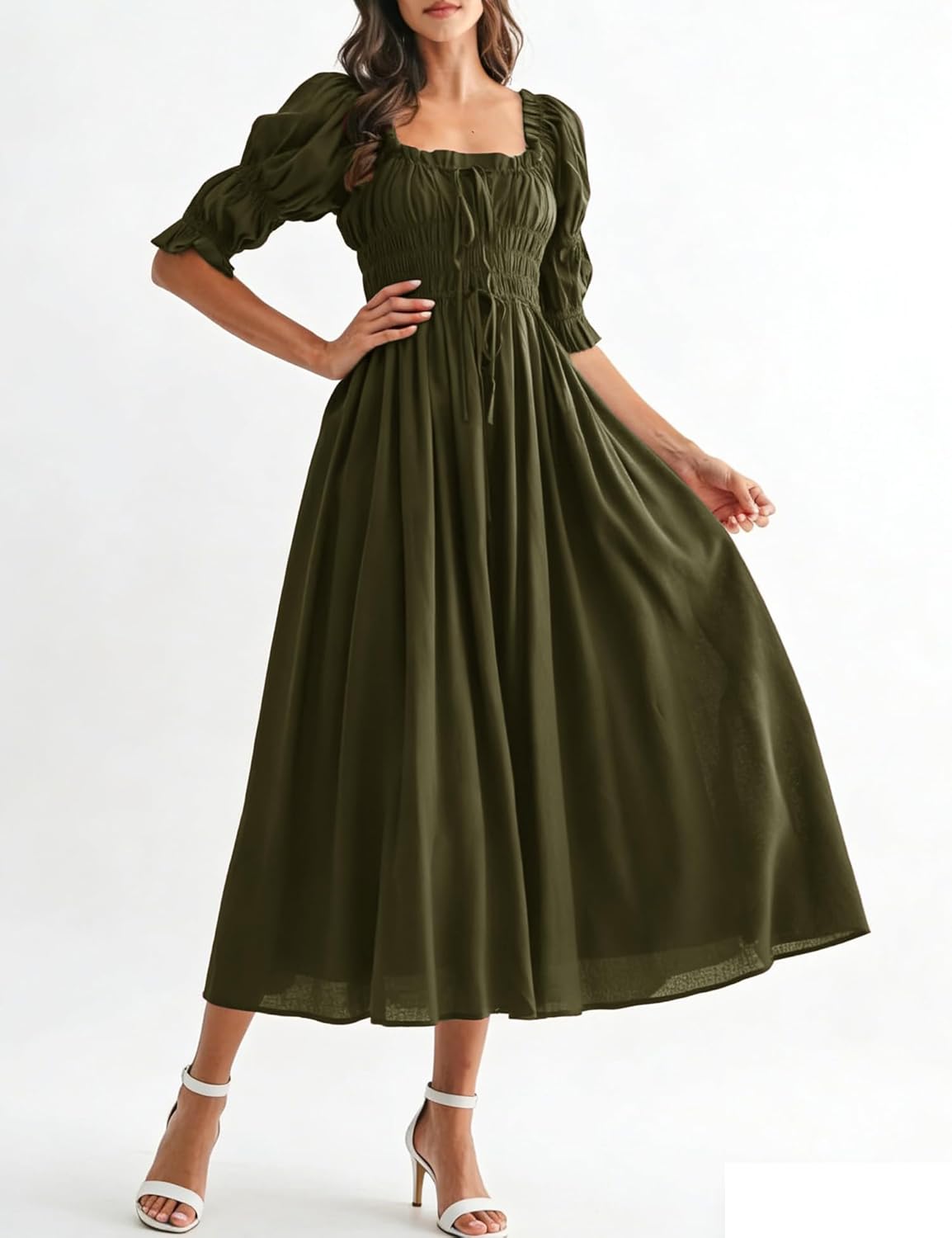 Women's Summer Puff Sleeve Maxi Dress Scoop Neck Smocked Tie Ruffle A Line Long Flowy Beach Dresses Pockets - Image 4