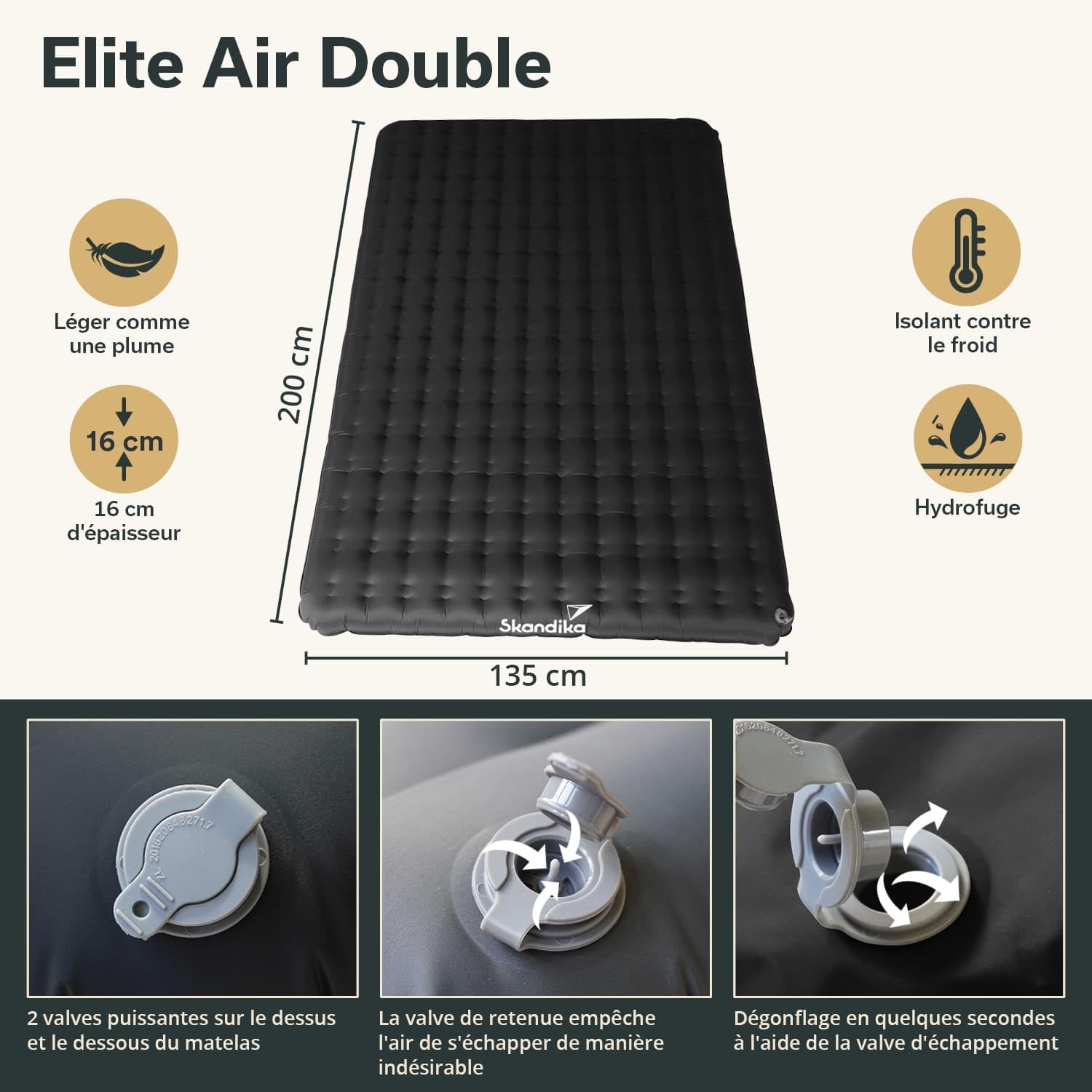 Skandika Elite Air Double | Matelas Gonflable Double 2 Personnes, 200 x 135 cm, Valve puissante, 16 cm de Hauteur, Ultra léger, Sac de Transport | pour Camping et randonnée