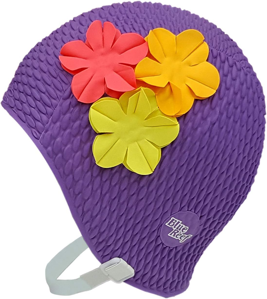 Blue Reef Rome Bubble Single Colour Floral Ladies Classic Retro 3 Flower Bunch 3D Petal 3 Tropical Colours Stylish Vintage Swimming Hat Swim Cap One Size Adults With Adjustable Strap - Image 3