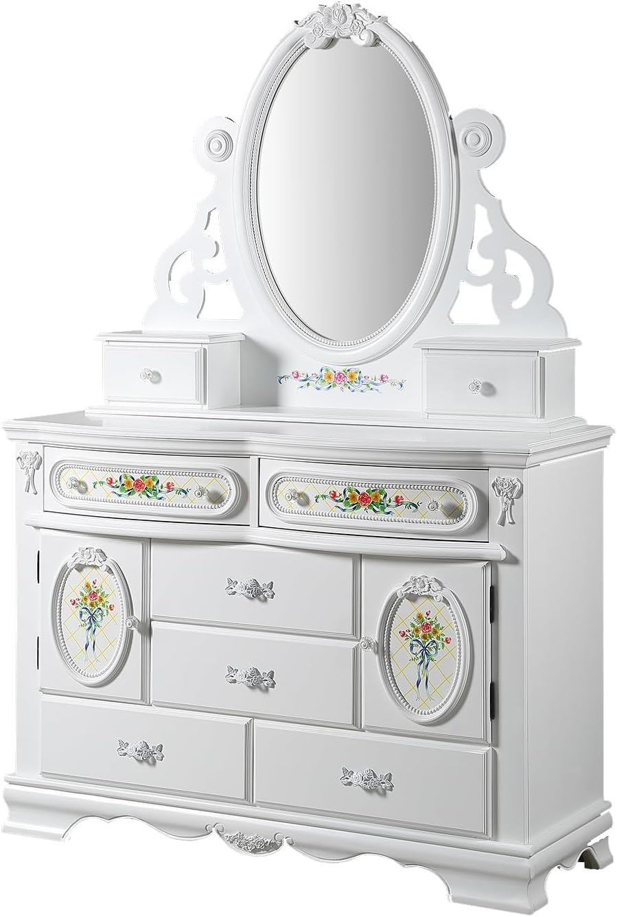 Acme Flora Wood Dresser with 6 Drawers and 2 Side Compartments in White