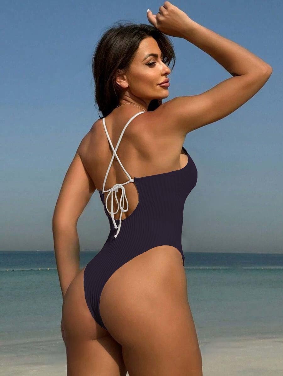 WODECASA Women's V Neck High Cut One Piece Swimsuit Ribbed Criss Cross Tie Back Bathing Suit Monokini