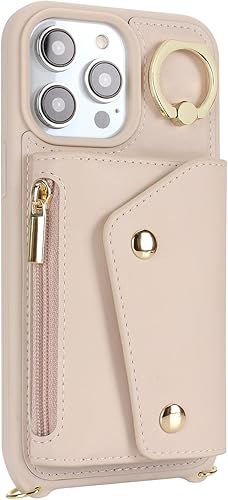 Miniatura 8 de Funda para iPhone 13 Pro Max con tarjetero y correa, bolsillo con cremallera, correa cruzada con cordón, soporte para tarjetas de crédito, anillo de