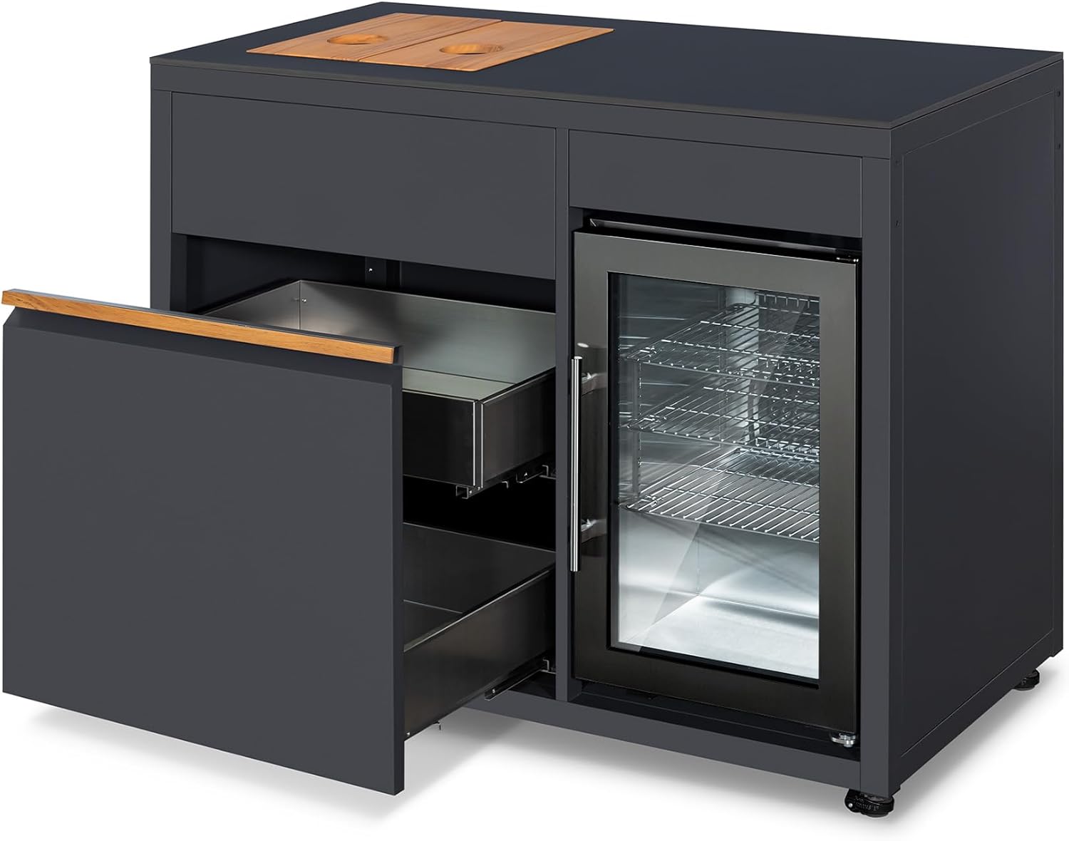 AEVA Series Fridge & Ice Bin Combo Unit for Outdoor Kitchen, Grey Powder-Coated Cabinet, Single Door Fridge & Two Removable Ice Buckets with Teak Lids, Modular Mobile Design