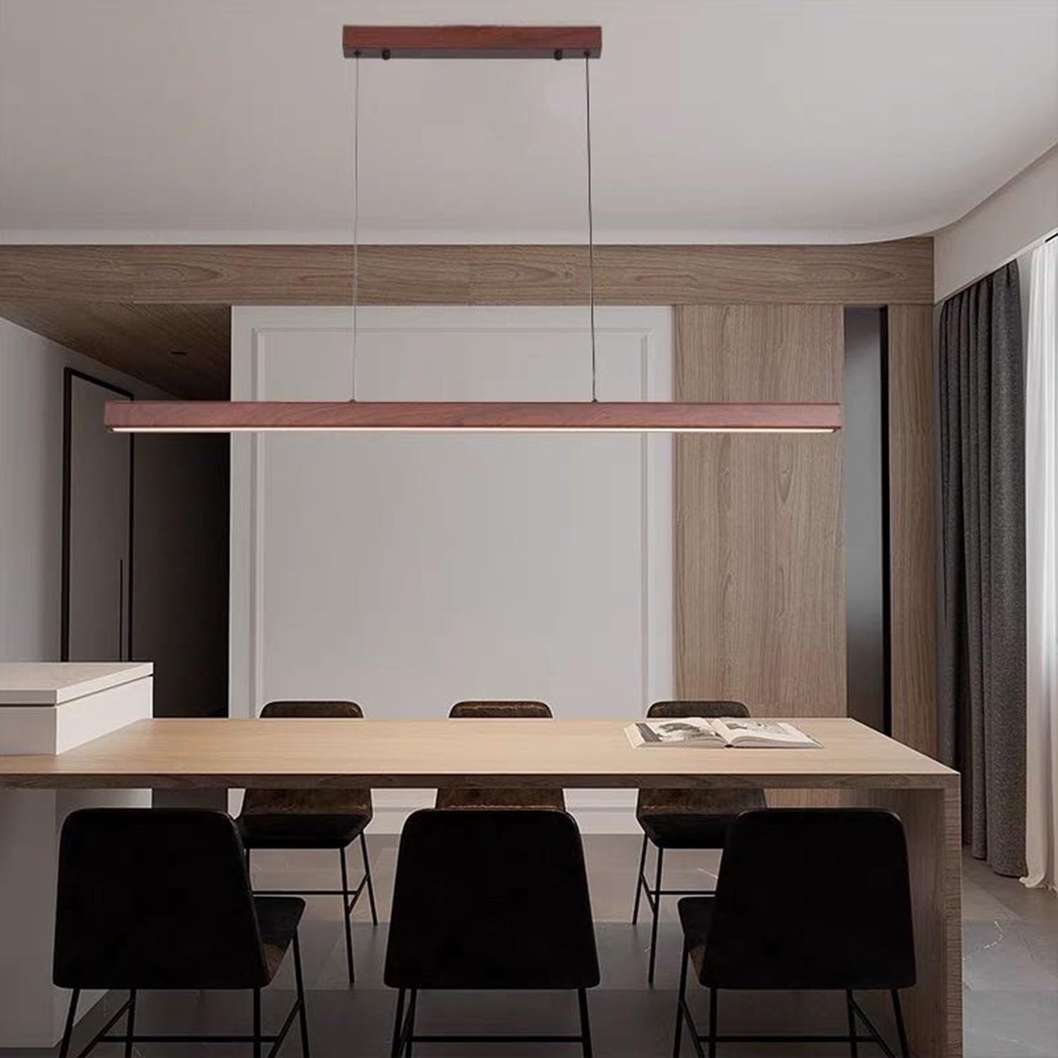 LED pendant light dining table wood dimmable, modern LED pendant light with remote control, height adjustable modern linear design living room hanging for dining room office kitchen lamp (B, L80cm)