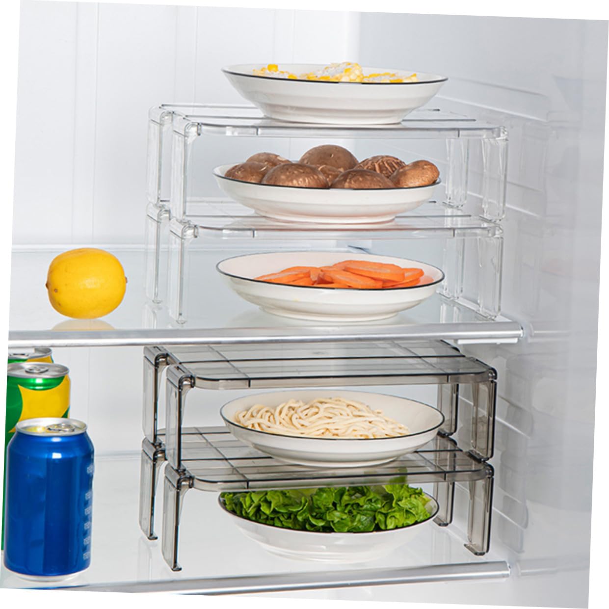2 pezzi Scaffale Frigorifero Trasparente Supporto Impilabile per Organizzazione Cucina e Frigo Porta Spezie e Accessori Materiale Sicuro e Resistente