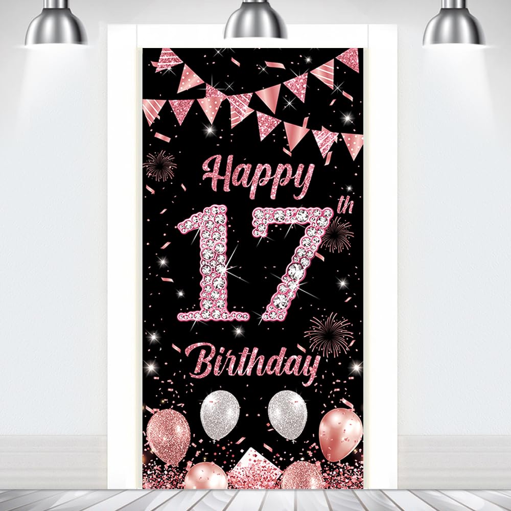 17th Birthday Decorations Door Banner Backdrop for Boys Girls Rose Gold Black Birthday Decorations 17 Years Old Door Banner Background Outdoor Indoor Party Supplies Photo Props Booth Decor180×90cm