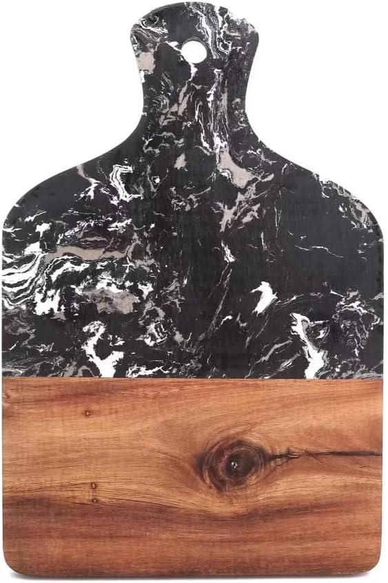 Kitchen Cutting and Chopping board Marble and Natural Wood with Handle | Pack of 1 (Rectangular - Black & Brown)