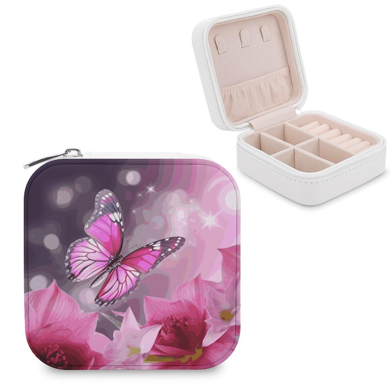 VstaDank Pink Flower And Butterfly Jewelry Box Beautiful Portable Ring Boxes Cute Large-Capacity Jewelry Case Jewelry Organizer for Mothers Gifts for Earrings Rings Hand Bracelet