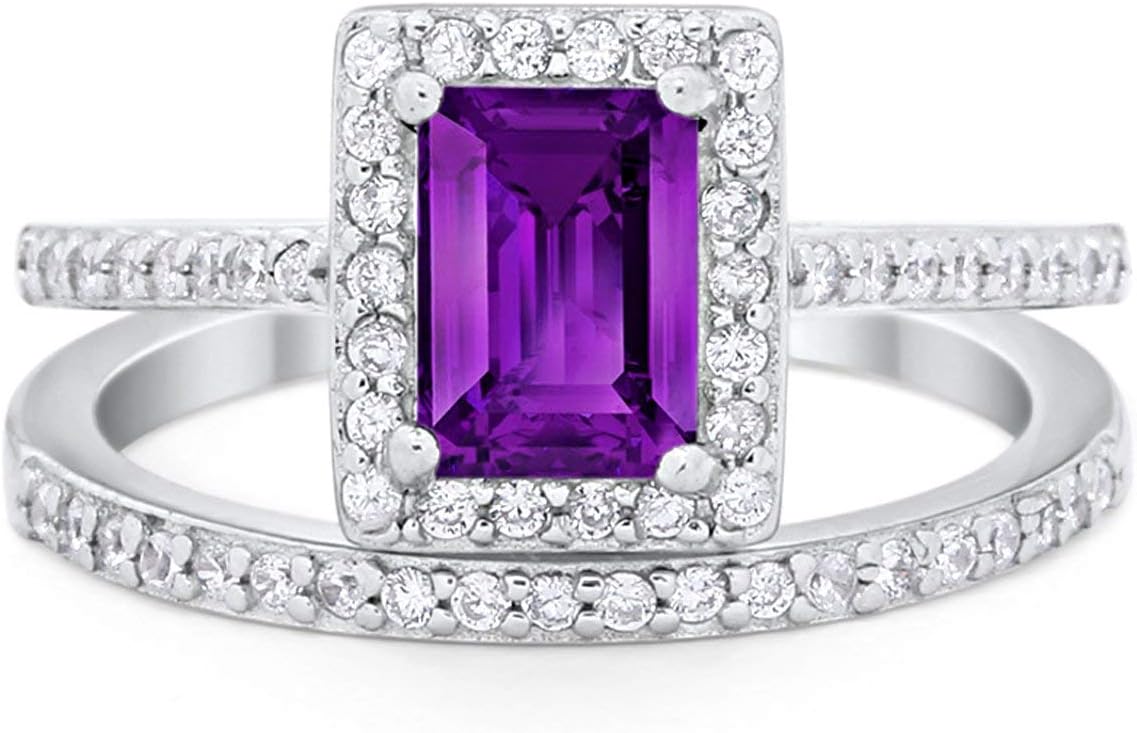 Blue Apple Co. Halo Radiant Cut Wedding Engagement Ring Band Two Piece Bridal Set 925 Sterling Silver