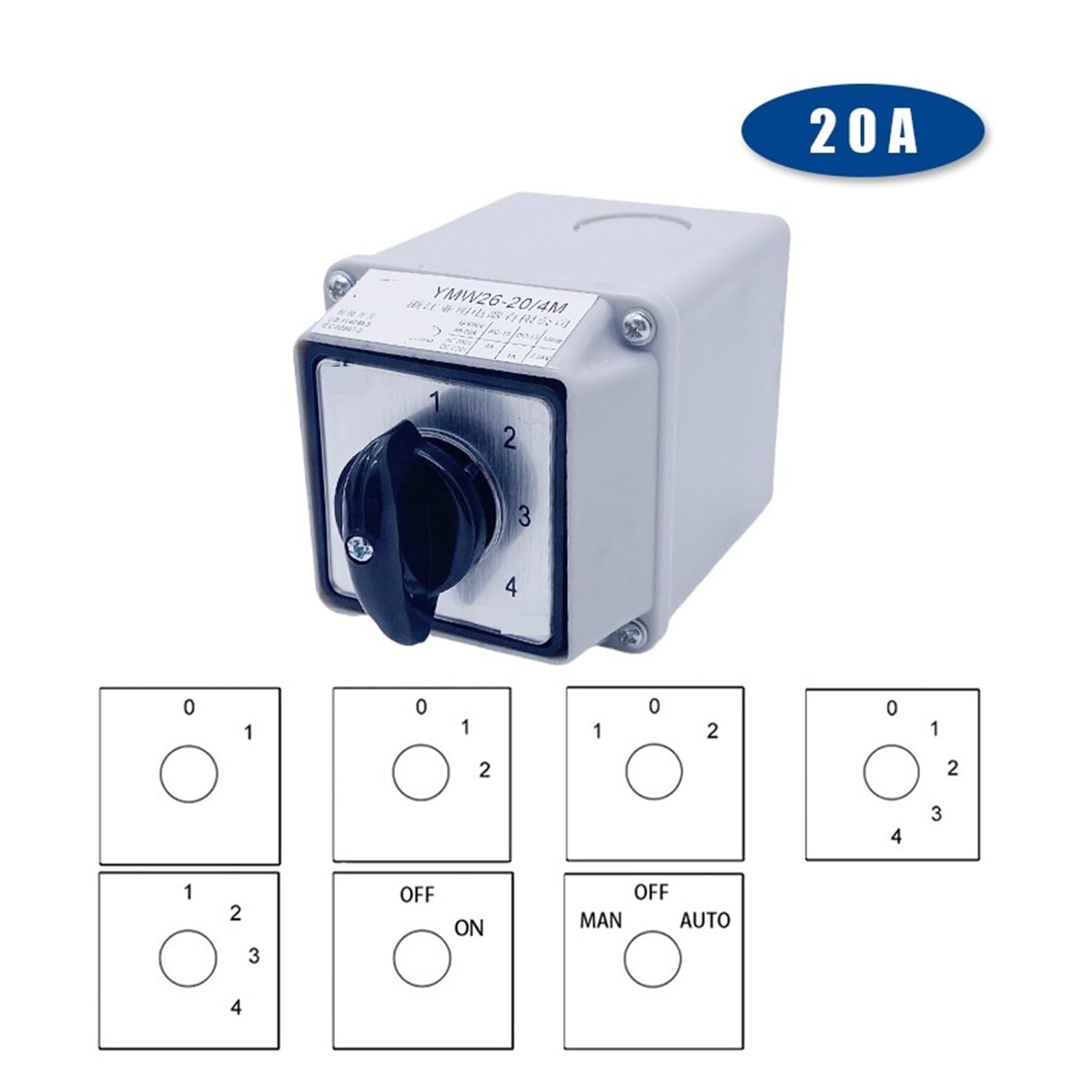 20A Conversion Selector With Box LW26-20/4 Four Poles Rotation Selection Waterproof Control Circuit Cam Switch(White)