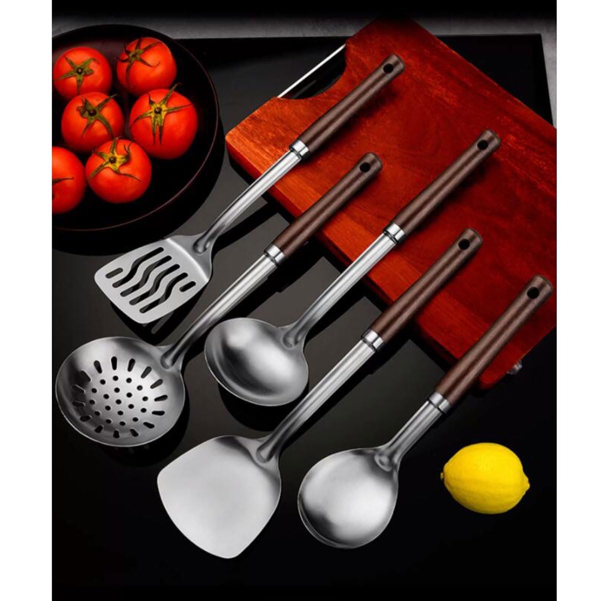 Edelstahl Kochlöffel Spatel Küche Holz Werkzeuge & Gadgets Kochutensilien 5 Stück Sets