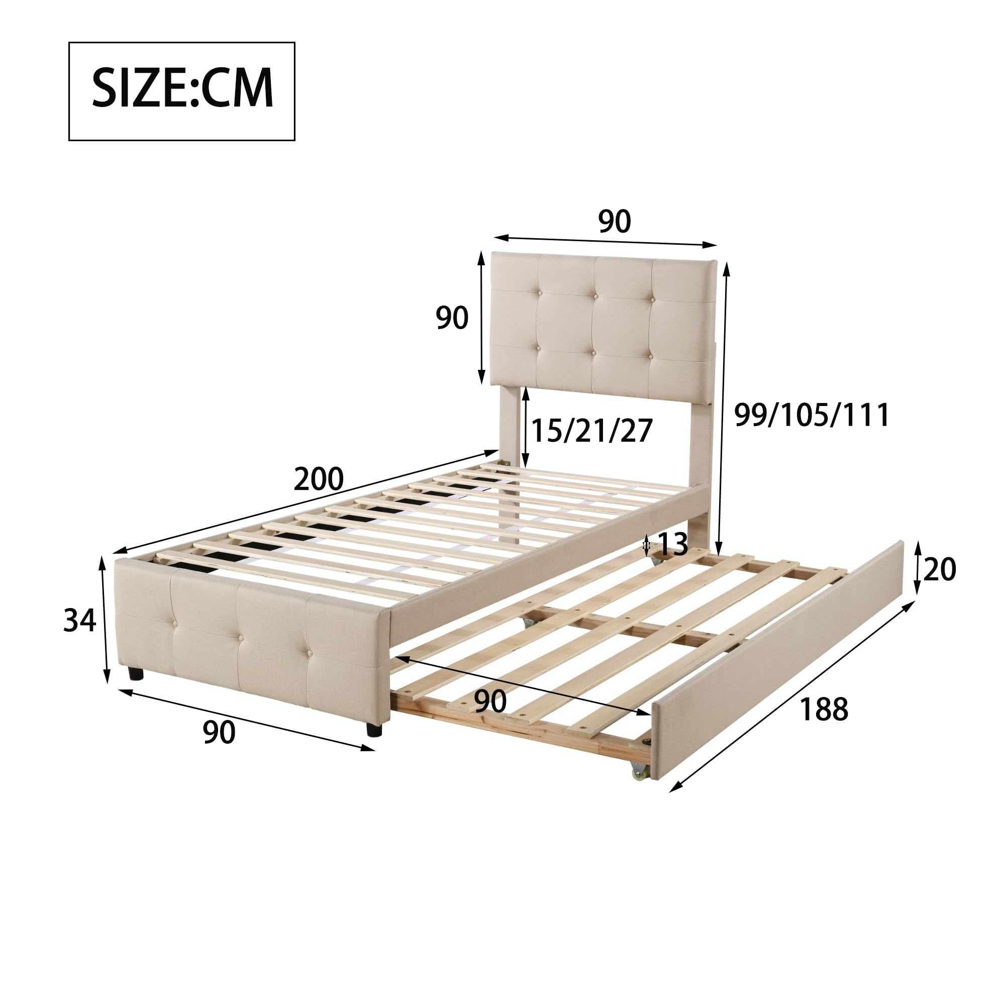 Lettino imbottito 90 x 200 cm, letto estraibile per bambini, testiera regolabile, imbottitura in lino delicato sulla pelle, letto singolo piatto, letto per ragazzi (beige) (beige)