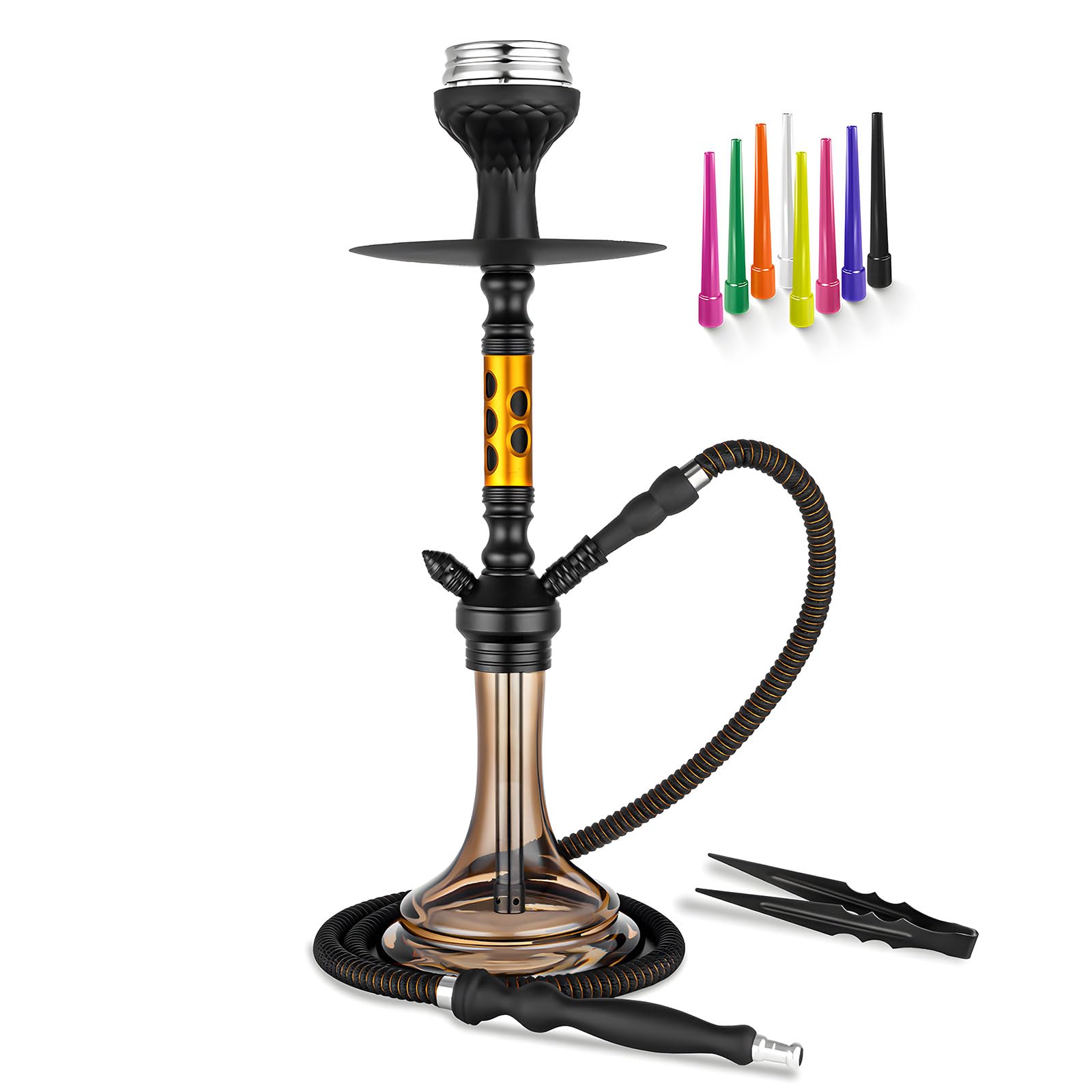 22'' Hookah Set Aluminum Shisha Hookah Set With Everything - Modern Colored Glass Vase, Ceramic Bowl, Hookah Charcoal Holder, Coal Tongs, Leather Hose