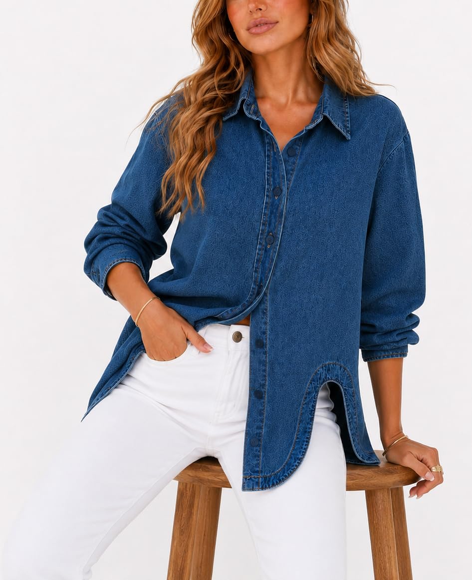 Kedera Damen-Jeans-Shirt, Knopfleiste, lässig, langärmelig, Jeansjacke, Übergröße, Chambray-Bluse