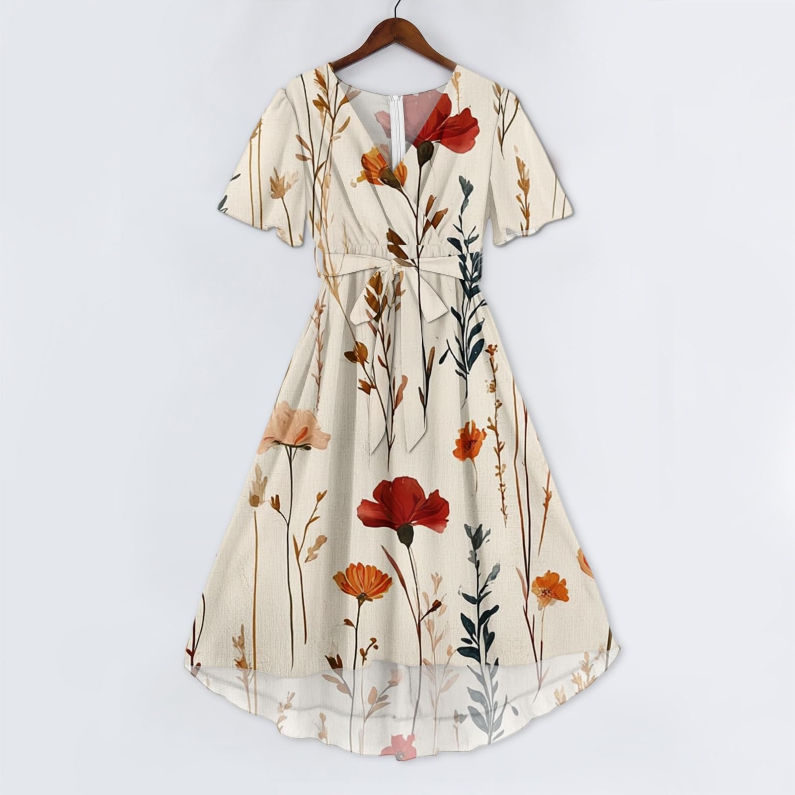Abito Midi da Donne Ampio con Stampa Floreale Scollo A V E Maniche Corte Abito Bohémien Leggero E Arioso Abiti da Spiaggia A Trapezio Prendisole Leggero con Volant, Abiti da Cerimonia Donna