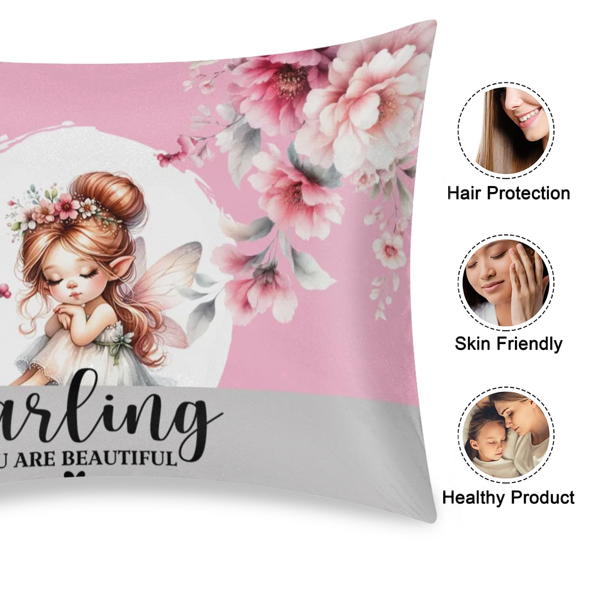 Satin Pillowcase for Hair and Skin King Size Silp Silk Pillowcase Soft Cute Flower Girl Pink Satin Cooling Pillow Covers with Envelope Closure for Bed Hoilday Decorative 20 × 40inch 1 pcs