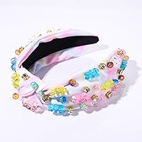 Vista 2 de ZITULRY Diadema anudada para mujer, de cristal, osito de gomita, adornado con nudo superior, diadema de moda con turbante ancho, regalos divertidos