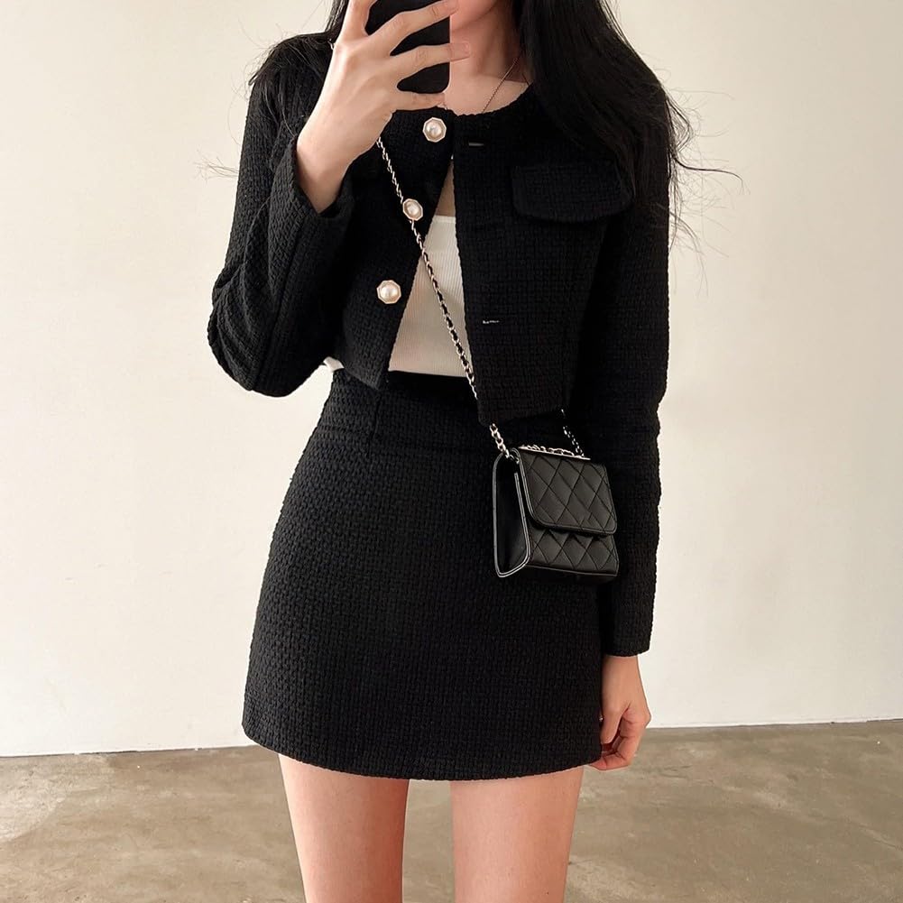 Whychstore Damen Herbst-Tweed-Jacke mit Perlenknöpfen und Aline-Rock, 2-teiliges Set, eleganter Anzug für lässige Ausflüge