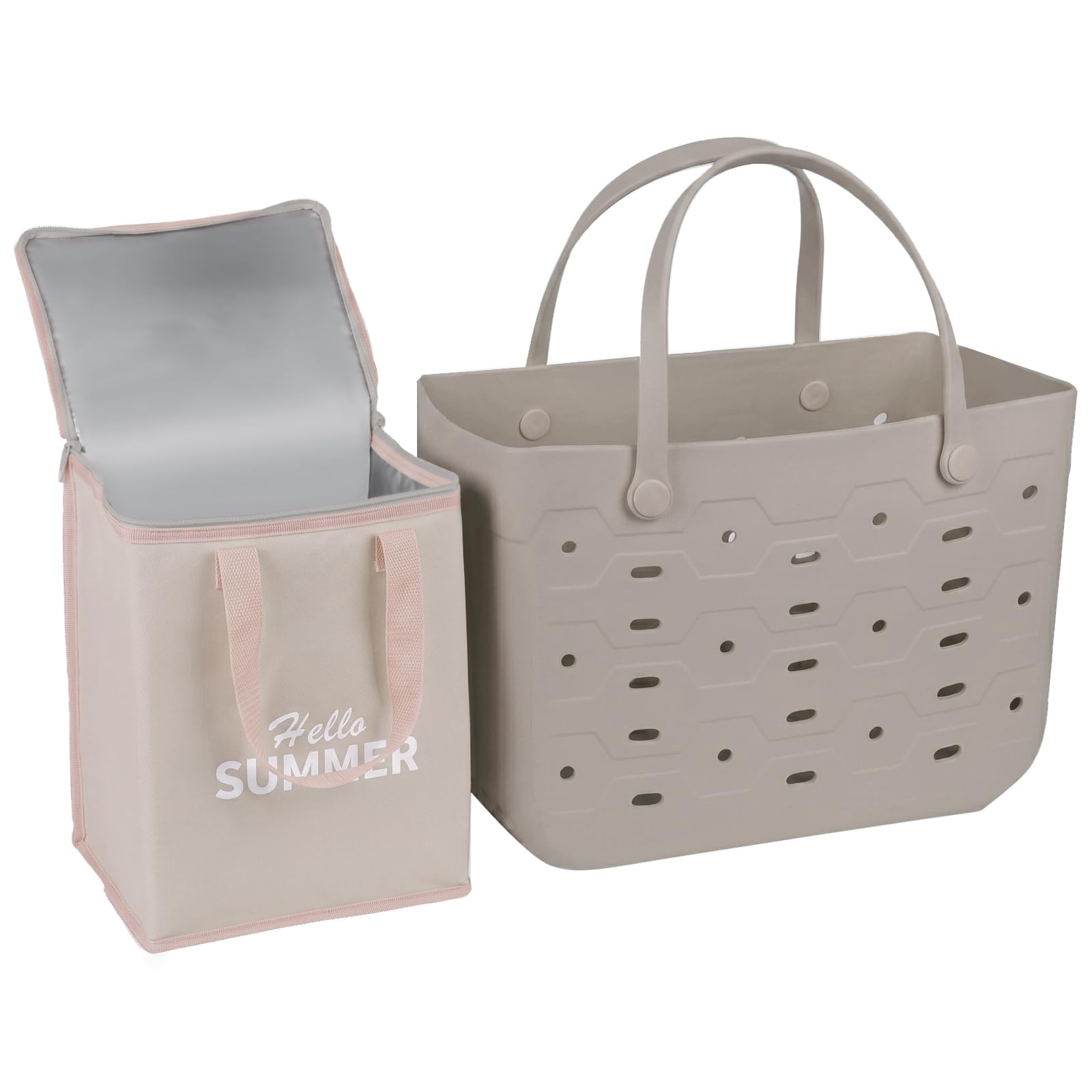 Photo 1 of **NO RUBBER BAGS**
PoVwlty Rubber Beach Bag with Insulated Cooler,Waterproof Tote for Summer (DUSKY KHAKI, Large)