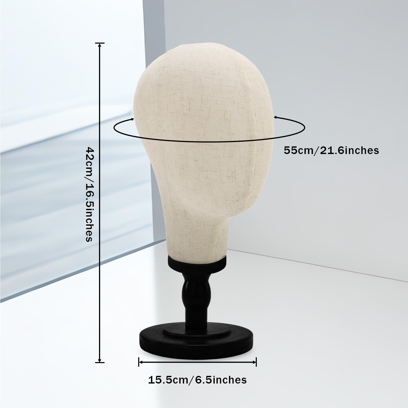 Support pour perruque, tête de mannequin de 55,9 cm avec base en bois amovible, support de tête en toile pour coiffure, bijoux, lunettes, bandeau, support de perruque pour perruques, chapeaux