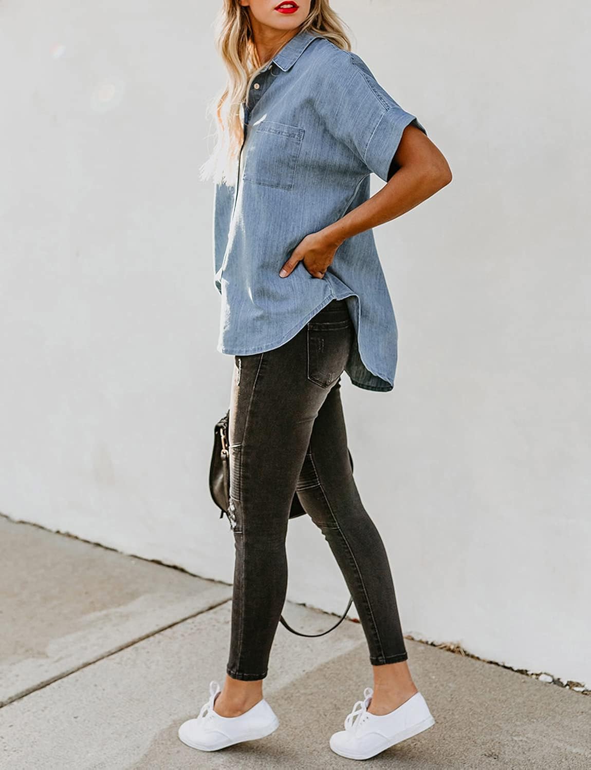 LookbookStore Women's Casual Denim Shirt Button Down V Neck Short Sleeve Blouse Top at  Women’s Clothing store
