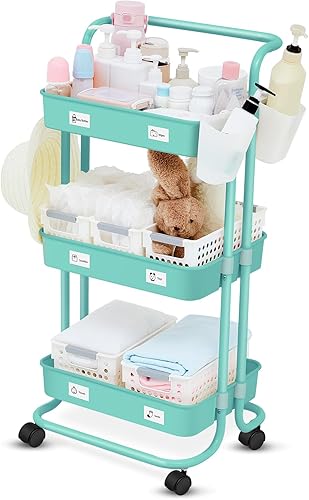 Tanlade Carrito de pañales azul para bebé, 33.07 x 14.17 pulgadas, carrito de pañales móvil con 3 niveles, carrito de pañales para recién nacidos,
