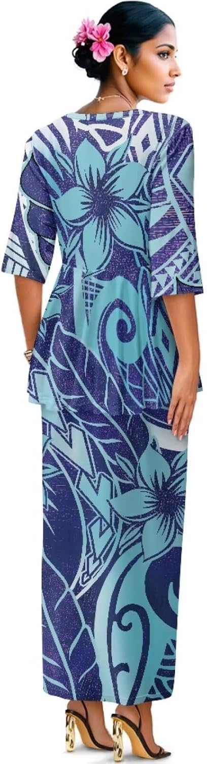 Hawaiian Flower Print Women Ruffle Top Long Skirts Set Half Sleeve Top High Waist Maxi Skirts for Party, Wedding