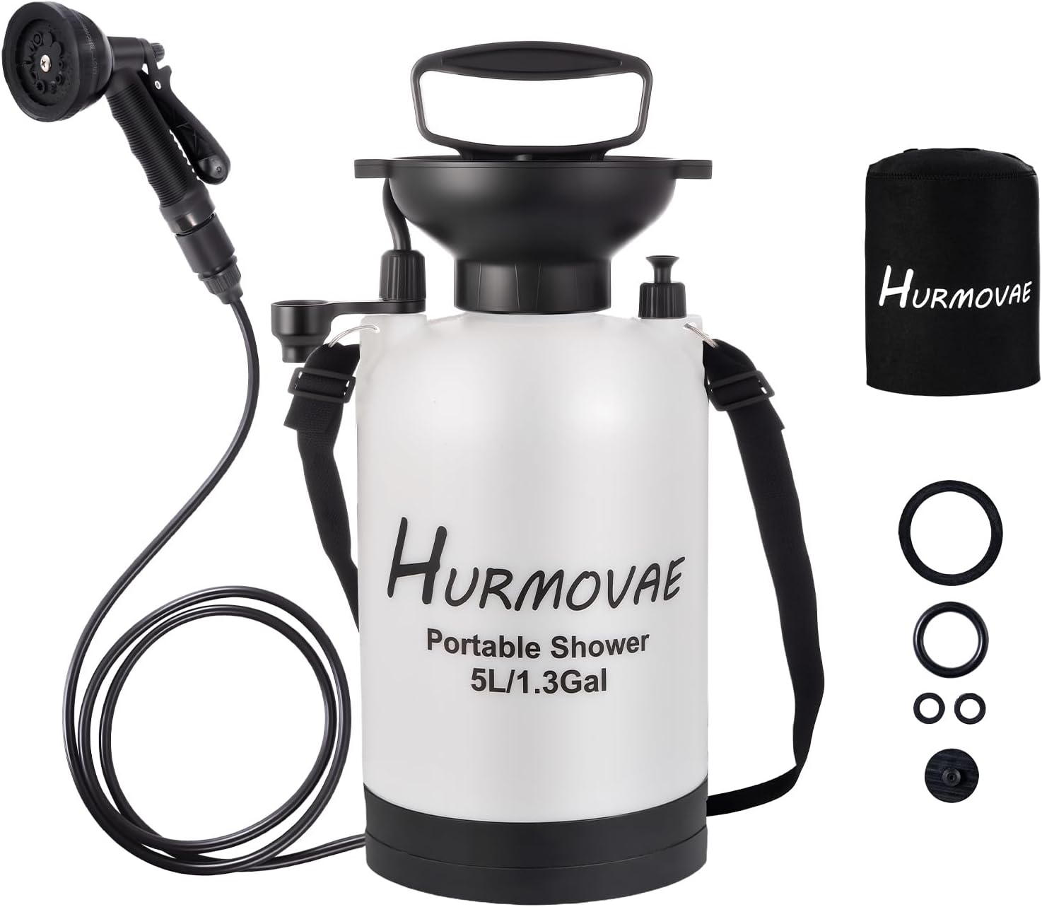 1.3 Gallon/5L Portable Shower10 Spray Modes, Nylon Insulated Sleeve & No Electric Needed, Beach Shower for Surfing, Travel & Hiking, Portable Water Sprayer, White