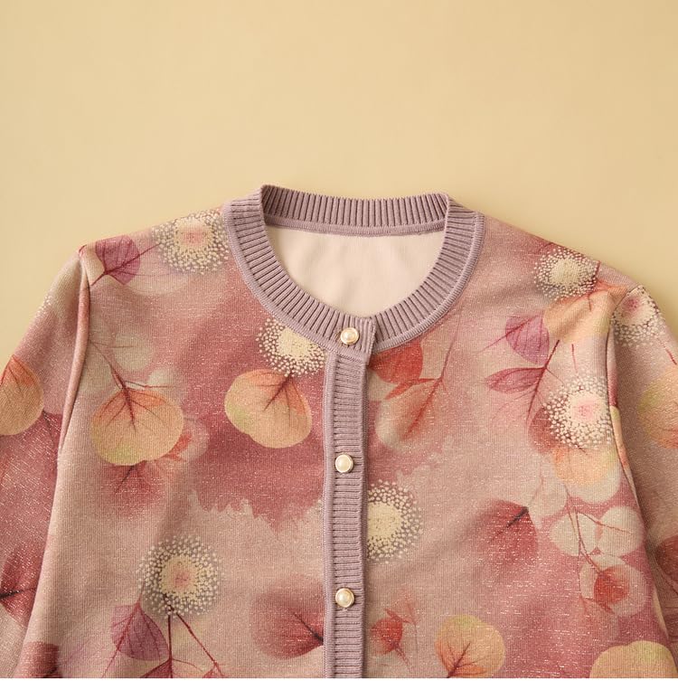 Generico Cardigan per Donne Anziane, Maglione di Mezza età Foderato in Pile, Cardigan in Maglia Fine, Girocollo, Nonna, Morbido E Caldo, Foglie Jacquard, Top Casual per Signora Anziana, per Autunno