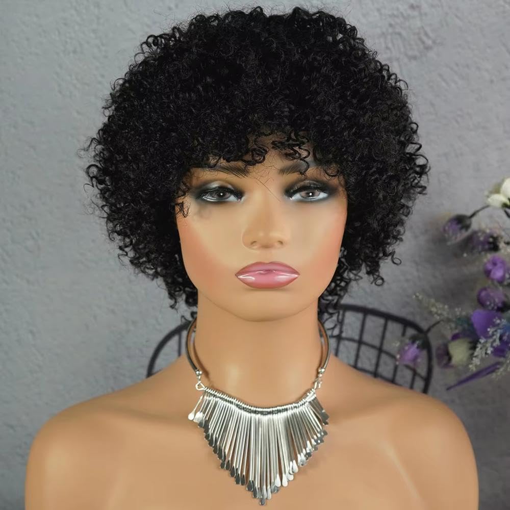 Haarpflege Ombre Braun Blonde Highlight Kinky Kurze Lockige Echthaar Perücke Für Schwarze Frauen Full Machine(Natural Black)
